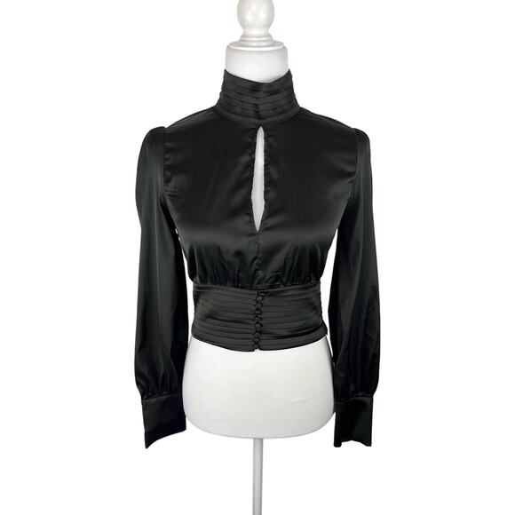 Leche Black Satin High Neck Scalloped Keyhole Top NWT - Picture 1 of 7